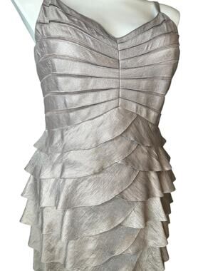 Adrianna Papell Occasions Tiered Ruffle Evening Dress 14W Champagne Formal Gown